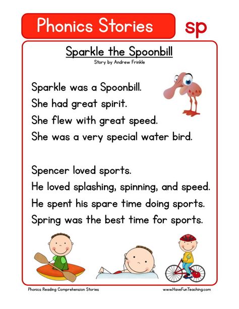 This Reading Comprehension Worksheet - Sparkle the Spoonbill is for teaching reading comprehension. Use this reading comprehension story to teach reading comprehension. Phonic Reading, Phonics Stories, Third Grade Reading Comprehension, Fish Alphabet, Story Worksheet, English Comprehension, Homeschool Materials, Phonics Reading Passages, First Grade Reading Comprehension