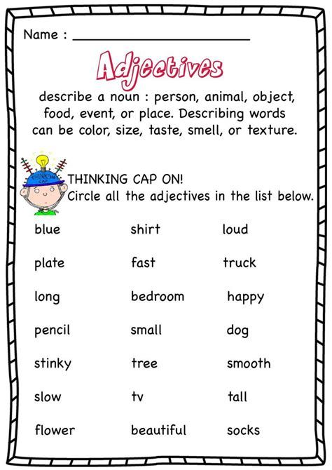 Kindergarten Adjectives, Nouns Worksheet Kindergarten, Third Grade Grammar Worksheets, Descriptive Writing Activities, Worksheets 1st Grade, Adjectives Worksheet, Teaching Adjectives, Worksheets For Grade 1, First Grade Words