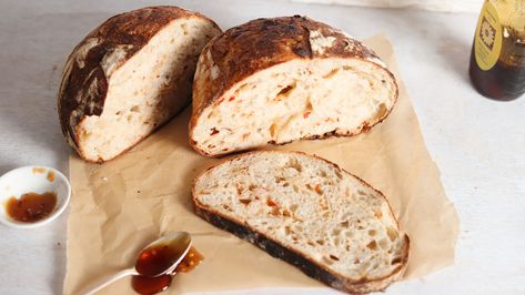 This recipe offers both a foolproof guide to baking perfect sourdough and an intro to adding unique flavors to your loaf, as with the hot honey used here. Honey Sourdough, Bread Scoring, Sourdough Starter Discard Recipe, Sourdough Pancakes, Bread Starter, Best Bread Recipe, Sweet Heat, Hot Honey, Sourdough Bread Recipe