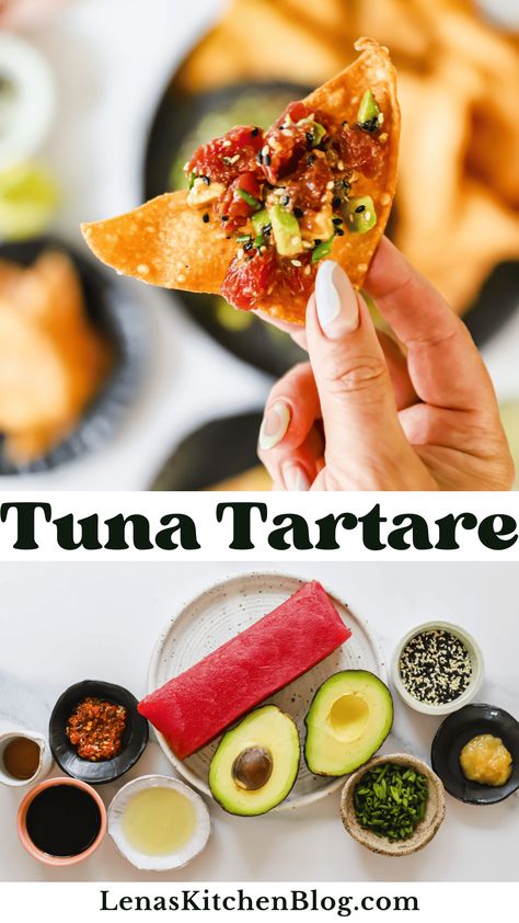 If you're craving a refreshing, sophisticated, and easy-to-make dish, this tuna tartare recipe is exactly what you need! It showcases sushi-grade ahi tuna and creamy avocado, all tossed in a vibrant, Asian-inspired marinade. Serve it as a light appetizer or entrée accompanied by seaweed or crispy wonton chips. Tuna Tartare Appetizer, Raw Tuna Recipes, Raw Tuna Recipe, Tuna Tartare Recipe, Tuna Appetizer, Ahi Tuna Recipe, Avocado Appetizer, Tartare Recipe, Tuna Tartar