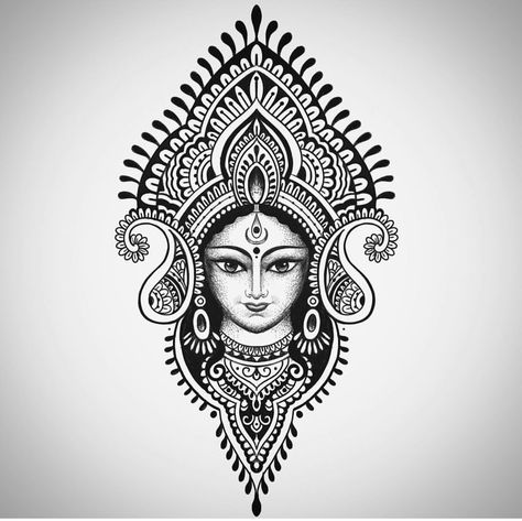 Goddess Durga Tattoo Designs, Durga Devi Tattoo Design, Mandala Devi Drawing, Durga Ma Tattoo, World Best Drawing, Maa Kali Mandala Art, Kali Maa Drawing Pencil, Devi Tattoo Design, Durga Devi Mandala Art