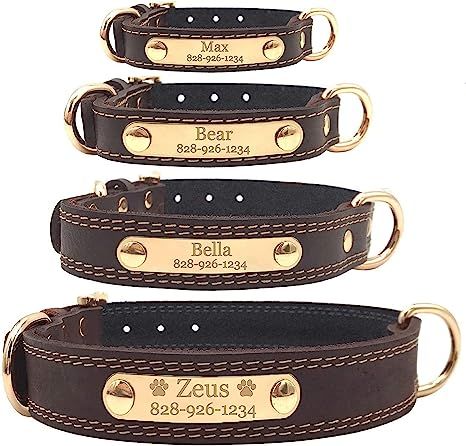 PERSONALIZED DOG COLLAR ★ Engraved collar with name, phone, or other text of your choice SIZES ★ (XS) Extra Small Dog Collar: 11.2”-14” Neck Measurement, (S) Small Dog Collar: 12.5”-16.1” Neck Measurement, (M) Medium Dog Collar: 14.5”-19” Neck Measurement, (L) Large Dog Collar: 18.5”-23” Neck Measurement LASER ENGRAVING ★ ID tag fixed on collar, clear and no hanging tags any more. BONE, HEART OR PAW DESIGNS at no additional cost. 【】*paid link Personalized Leather Dog Collar, Leather Dog Collar Custom, Dog Collar With Name, Large Dog Collars, Small Dog Collar, Custom Dog Collars, Golden Doodle, Personalized Dog Collars, Dog Collars & Leashes