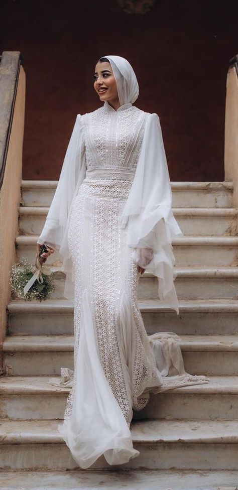 Bride Dresses For Hijab, Engaged Dress Hijab, Engagement Hijabi Dresses, Soiree Dress 2024, Katb Ketab Dresses Hijab, Simple White Dress Hijab, Simple Dresses For Engagement Party, Hijabi Bridal Dress, Simple Engagement Dress Hijab