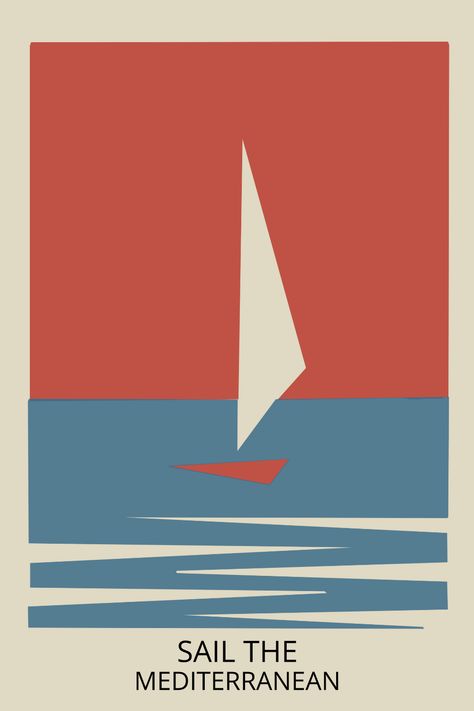 Mediterranean Poster Design, Sailboat Graphic Design, Vintage Sailing Poster, Sailboat Illustration Simple, Boat Advertising Design, Sailing Poster Design, Vintage Minimalist Design, Boat Poster Design, Sailing Graphic Design