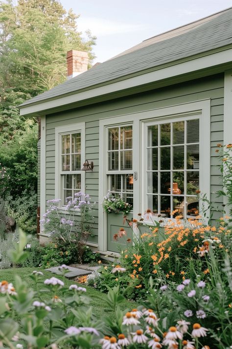 Cottage Home Exterior Colors, Country Cottage Exterior Colors, Green Cottage Exterior, Light Green House Exterior, Exterior Green House Colors, Mobile Home Exterior Remodel, Sage Green Exterior House Colors, Sage Green House Exterior, Light Green House