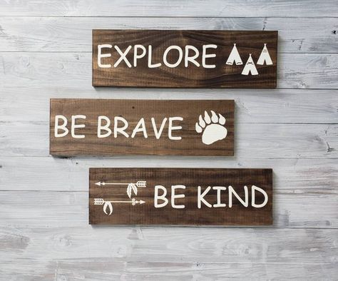 Be Brave, Explore, Be Kind Set of 3 Wood Nursery Signs Nursery Ideas Boy, Adventure Nursery, Baby Boy Room Nursery, Baby Room Design, Nursery Baby Room, Woodland Theme, Woodland Nursery Decor, Woodland Baby, Nursery Inspiration