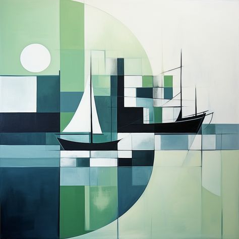 Capture the serene essence of a Scottish harbour distilled into a symphony of geometric abstraction with this exquisite art print. This piece is resplendent with a refreshing palette of crisp whites, deep blues, and soothing greens, evoking the tranquil atmosphere of Scotland's coastal waters. The artwork showcases two sailboats, their sails standing proud and distinguished in stark white against the overlaid patterns. Distinctive lines and blocks of colour break down the nautical scene into... Minimal Art Painting, Contemporary Art Forms, Abstract Painting Acrylic Modern, Scottish Painting, Painting Geometric, Minimalism Painting, Nautical Colors, Sailing Art, Sailboat Art