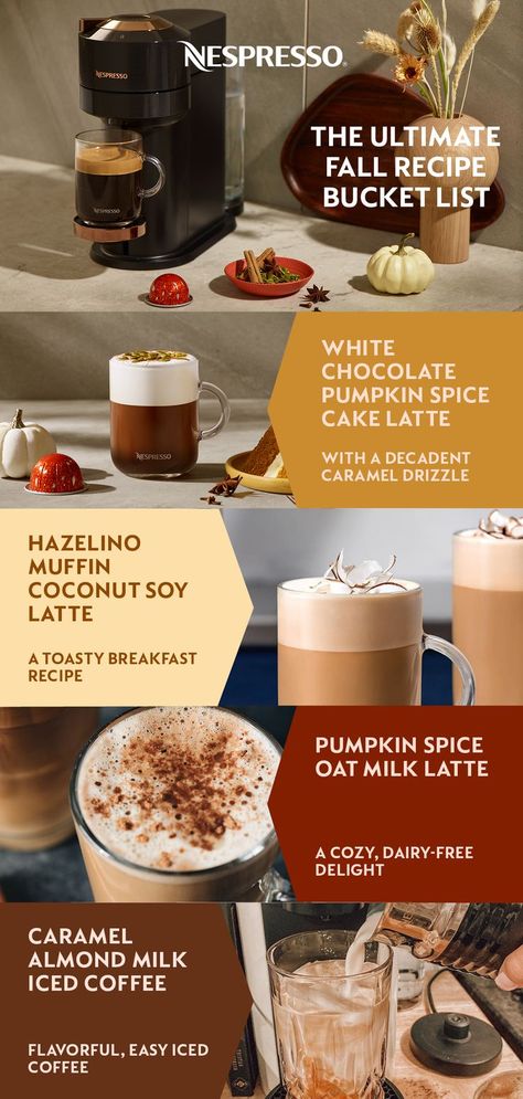 Savor the flavors of fall with this crop of seasonal Nespresso recipes. From our Pumpkin Spice Cake coffee to dessert-inspired capsules, you’ll find plenty of ‘mmm’ in every mug. Pumpkin Spice Nespresso Recipe, Pumpkin Spice Nespresso, Nespresso Pumpkin Spice Cake Recipes, Nespresso Classic Recipes, Nespresso Pumpkin Spice Cake, Nespresso Recipes Pumpkin Spice, Fall Nespresso Recipes, Nespresso Fall Recipes, Nespresso Melozio Recipes