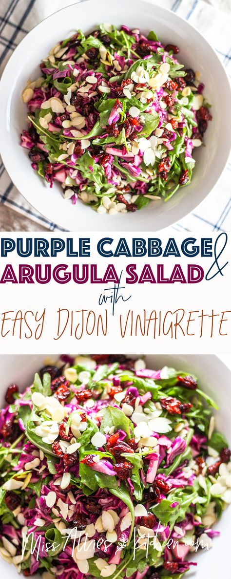 Purple Cabbage & Arugula Salad with Easy Dijon Vinaigrette - Miss Allie's Kitchen Arugula Salads, Purple Salad, Purple Cabbage Recipes, Gundry Recipes, Salad Vinaigrette, Lighter Meals, Everyday Dinners, Arugula Salad Recipes, Dijon Vinaigrette