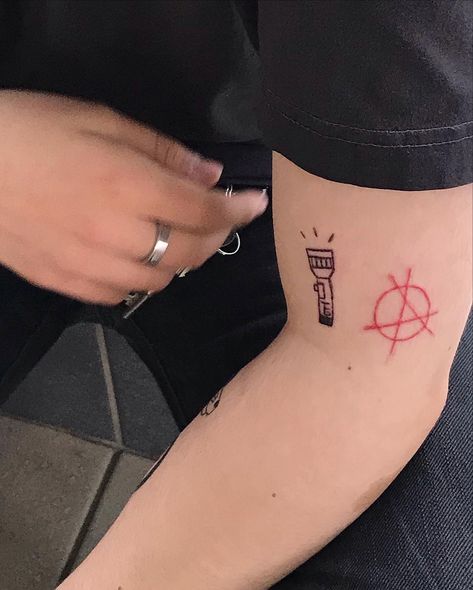 The Front Bottoms Tattoo Ideas, Emo Stick And Poke, Tfb Tattoos, Flashlight Tattoo, Antifascist Tattoo, Anarchy Symbol Tattoo, Punk Tattoo Grunge, The Front Bottoms Tattoo, Amor Fati Tattoo