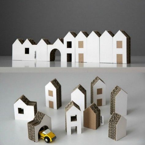 Cardboard Houses Mommo Design, Cardboard Houses, Cardboard Toys, Cardboard House, Cardboard Art, Small Houses, Miniature Houses, Paper Houses, Cardboard Crafts