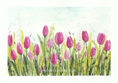 Spring Flower Watercolor Painting, Watercolor Paintings Tulips, Tulip Garden Drawing, Flower Drawing Watercolor, Garden Painting Easy, Watercolor Tulips Easy, Tulip Paintings, Abstract Watercolor Paintings Tutorials, Watercolor Painting Easy