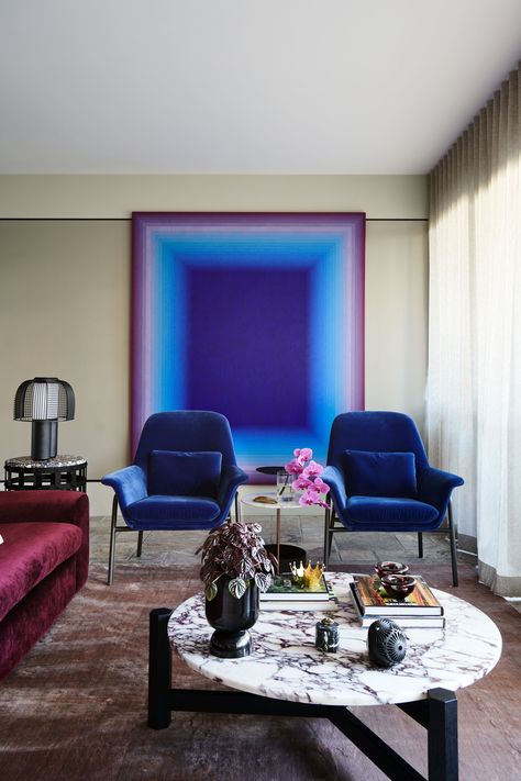 Cobalt Blue Colour Palette, Cobalt Blue Interior, Havana Modern, Blue And Pink Living Room, Own Apartment, Deep Magenta, Open Plan Living Room, Pink Living Room, Ben Franklin