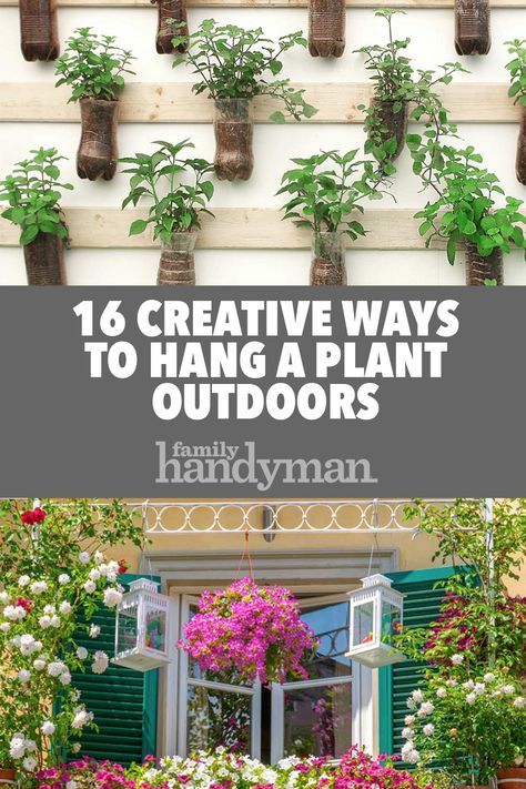 16 Creative Ways to Hang a Plant Outdoors Hanging House Plants Ideas, Hanging Plants Fence, Diy Hanging Planter Outdoor Front Porches Plant Hangers, Outdoor Hanging Plants Ideas, Outdoor Plant Hanging Ideas, Hanging Plants On Wall Outdoor, Hanging Plants Outdoor Fence, Hanging Fence Planters Ideas, Hanging Plants Outdoor Ideas