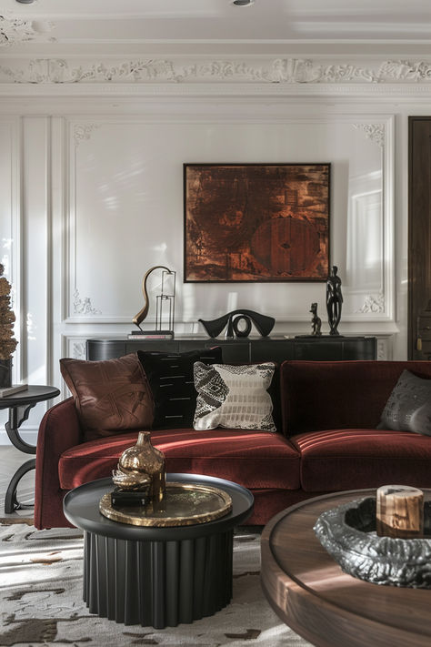 Velvet touches that create luxurious modern living rooms. #ModernDesign #VelvetStyle #LuxurySpaces Wine Couch Living Rooms, Dark Red Living Room, Modern Gothic Living Room, Elegant Contemporary Living Room, Modern Victorian Home, Luxury Living Rooms, Gothic Living Room, Modern Luxury Living Room, Neoclassical Design