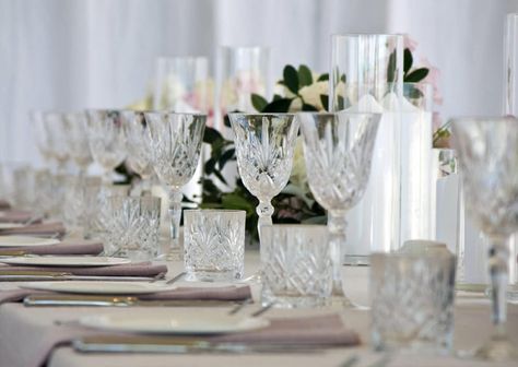 Crystal glassware for hire from Perth Party Hire. Wedding ceremony set up. Wedding Glasswear, Glasses Table Setting, Crystal Glasses Wedding, Dinner Design, Wedding Drinkware, Wedding Drink Station, Christmas Charcuterie, Vintage Wedding Table, Wedding Glassware