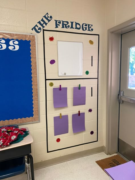 Classroom Fridge Display, How To Display Student Work In Classroom, Student Display Wall, Classroom Refrigerator, Student Art Work Display Ideas, Hallway Displays For Student Work, Fridge Art Display, Teacher Fridge, Bulletin Board To Display Student Work