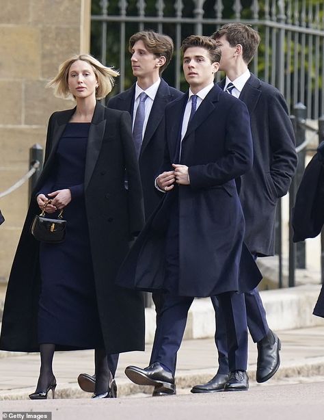 Europe's royals remember King Constantine: Queen Letizia of Spain, her disgraced father-in-law King Juan Carlos and Danish Princess rally around the Greek royal family at memorial in Windsor | Daily Mail Online Royal Family Outfits, Princess Olympia Of Greece, Olympia Of Greece, Navy Tights, Royal Families Of Europe, Greek Royal Family, Today Pictures, Royal Court, Spanish Royal Family