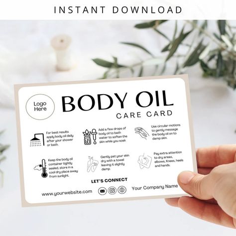 ✨ Introducing Our Printable Body Oil Care Card Template! ✨ Elevate your small business with this minimalist, easy-to-use guide! Perfect for body oil care instructions, our template is designed for instant DIY. 🖨️💖 How to Use: -Customize in Canva. -Print or share digitally. -Delight your customers with professional care instructions! Get yours today and enhance your brand! 🌟 #BodyOil #SmallBusiness #CanvaTemplate #Printable #MinimalistDesign #DIY #CareInstructions #InstantDownload #Busine... Care Card, Company Names, Body Oil, Card Template, How To Use, Care Instructions, Small Business, Instant Download, How To Apply