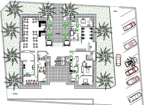 Garden Cafeteria and Parking Area Architecture Design dwg file - Cadbull Cafeteria Plan Architecture, Environmental Building, Cafeteria Plan, Cafe Floor, Workshop Cafe, Beachside Cafe, Cafe Floor Plan, Cafe Plan, Cafeteria Design