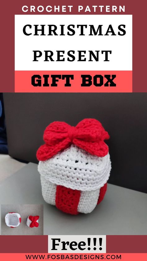 Hand your presents this season in this cute box. Comes in two differnet sizes and can be made into an ornament. Croche tgift box pattern free | Trendy crochet Christmas box project | Crochet easy Present pattern Crochet Boxes Free Pattern, Crochet Christmas Presents Free Pattern, Crochet Box Pattern, Easy Crochet Christmas Ornaments Free, Kindness Crochet, Box Crochet Pattern, Crochet Boxes, Gift Box Pattern, Chunky Yarn Crochet