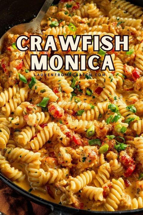 Make your own Crawfish Monica pasta with this simple recipe. It's a creamy, spicy pasta dish that's famous at the New Orleans Jazz Festival. It's an easy pasta dinner idea ready in 30 minutes! Get more authentic New Orleans recipes at LaurenFromScratch.com! Crawfish Pastalaya, Pastalaya Recipe Cajun Crockpot, Crawfish Monica Recipe New Orleans, New Orleans Recipes Authentic, Emeril Lagasse Recipes New Orleans, Crawfish Pasta Recipes New Orleans, Creamy Cajun Pasta Sauce, New Orleans Food Recipes, Papadeaux Recipes