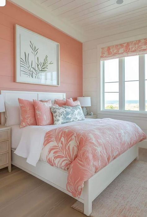 Coral And White Bedroom, Coral Coastal Bedroom, Coral Beach Bedroom, California Coastal Bedroom, Coastal Bedroom Design, Beachy Boho Bedroom, Coral Room, Costal Bedroom, Coastal Room Decor