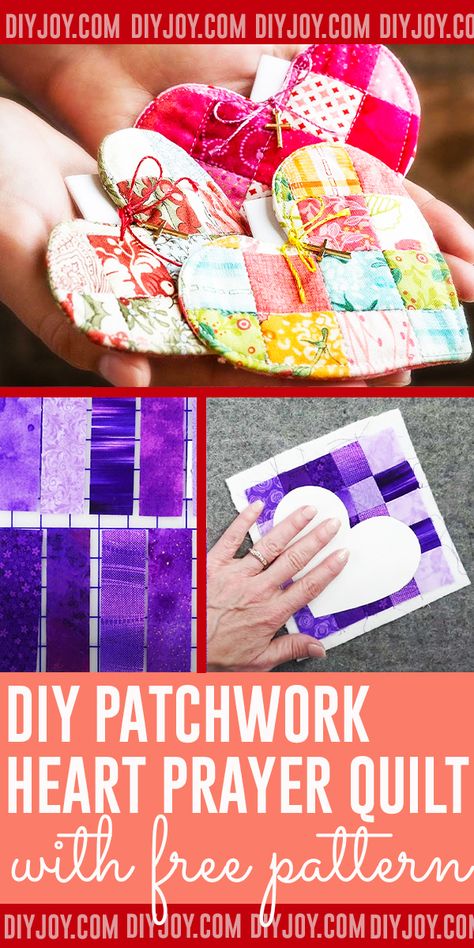 DIY Patchwork Heart Prayer Quilt With Free Pattern - Easy Quilting Ideas for Gifts - DIY Christmas Gifts for Friends - Simple Things to Sew for Christmas Presents - Creative Crafts to Sell on Etsy - Quick Sewing Project Ideas #sewing #diygifts #quilts via @diyjoycrafts Easy Quilt Projects For Gifts, I Found A Quilted Heart Tags, Small Sewing Gifts For Friends, Fabric Valentine Crafts Sewing Projects, Sewing Valentines Ideas, Sewn Valentine Gifts, Fabric Prayer Hearts, Ifaqh Pattern, Scrap Fabric Crafts Handmade Gifts