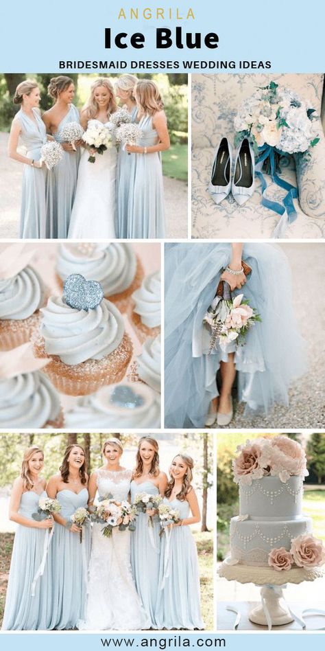 Bridesmaid dresses for ice blue wedding color theme! Light Pink Bouquet, Blue Wedding Colour Theme, Ice Blue Weddings, Ice Blue Bridesmaid Dress, Spring Wedding Color Palette, Pink Wedding Colors, Light Pink Wedding, Wedding Bridesmaids Dresses Blue, Light Blue Wedding