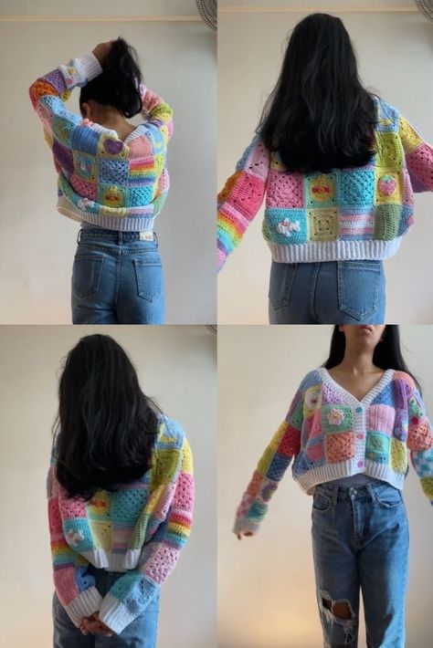 Patchwork Cardigan, Crochet Ladies Tops, Cardigan Design, Diy Vetement, Crochet Clothes For Women, Crochet Granny Square, Crochet Fashion Patterns, Crochet Square Patterns, Crochet Diy