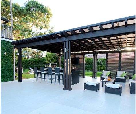 Big Pergola Patio Ideas, Long Pergola Attached To House, Pergola And Pool Patio Ideas, Pergola Next To Pool, Contemporary Pergola Designs, Long Pergola, Modern Pergola Ideas, Luxury Pergola, Pergola Bar