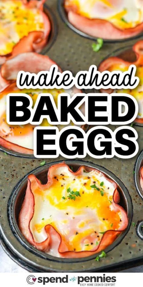 This baked eggs recipe is the perfect way to start the day! All that is needed for this delicious breakfast is some eggs, ham, and cheese. To make, just line muffin tin cups with the ham, add a cracked egg, and some cheese and then bake in the oven. For added flavor add some spinach or even chopped mushrooms, these little cups are so versatile.  #bakedeggs #easybakedeggs #bakedeggsrecipe #spendwithpennies Muffin Tin Ham And Eggs, Healthy Breakfast Bakes Eggs, Baked Ham And Eggs In Muffin Tin, Ham Eggs Cheese Muffin Tin, Egg And Cheese Muffins Breakfast, Muffin Eggs Cups, Easy Breakfast Muffins Eggs, Ham Muffin Cups, Egg Tins Muffin Pans