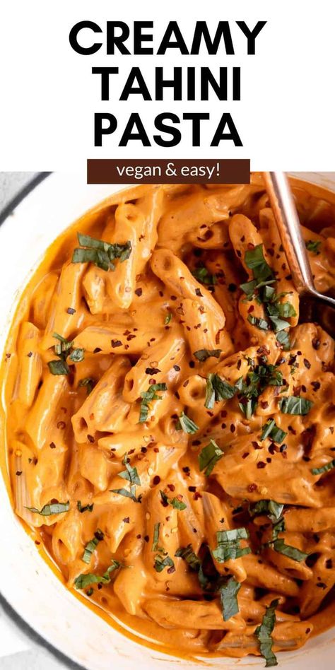 Tahini Meals, Summer Dinner Vegan, Gf Df Pasta Recipes, Healthy Vegan Protein Recipes, Vegan Tomato Pasta, Protien Pasta Meals, Marry Me Pasta Vegan, Vegan Pasta Dishes, Pasta With Tofu