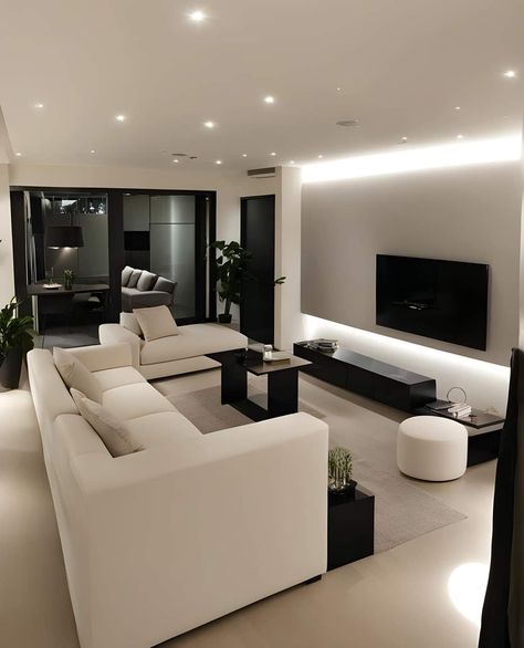 Sleek Fireplace, Interior Sofa, Tech Setup, Living Room Neutral, Chic Home Design, Black Coffee Table, Room Neutral, Cozy Living Room Ideas, Design Black And White