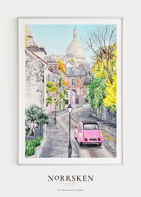 This watercolor painting of Montmartre in Paris France was created from my own original paintings and was printed in high-resolution images so you can download them instantly and print them yourself, either at home or by using a professional printing service! It’s an easy way to get high-quality artwork for less money than a physical art print. #montmartre #paris #lamaisonrose #housewarminggift #printableart #watercolor #travel #cityscape #france #walldecor #europe #ruedelabreuvoir Paris Art Print, Paris Wall Art, Paris Art, Watercolor Art Prints, Illustration Print, Watercolor Print, Paris France, Watercolor Painting, Digital Painting