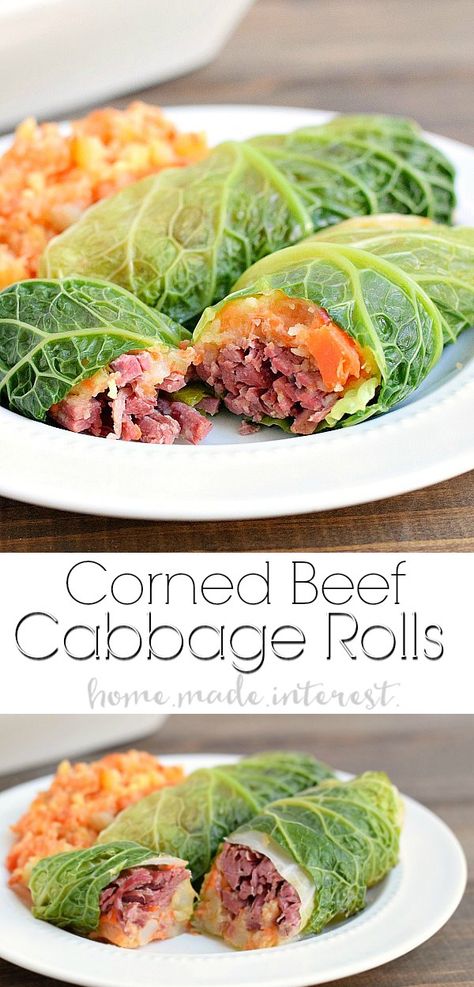 Corned Beef Cabbage Rolls | You don’t get any more Irish than a corned beef and cabbage recipe! This St. Patrick’s day recipe for corned beef cabbage rolls stuffed with parsnip and carrot mash is easy to make and delicious! Make this for your St. Patrick's day dinner! #stpatricksday #cabbageroll #cornedbeef #homemadeinterest Irish Food Recipes St Pattys, St Patrick's Day Recipes Dinner, Keto Irish Recipes, Keto St Patricks Day Food, Irish Cabbage Recipes, Irish Meals St Patricks Day Food Dinner, Cabbage For St Patricks Day, Cabbage Irish Recipes, Irish Stuffed Cabbage Rolls