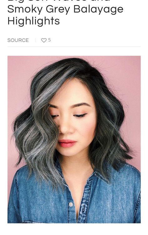 Asian Gray Hair Balayage, Black Lob With Highlights, Blending Gray Hair With Black, Grey Blending Asian Hair, Gray Blending Black Hair, Dark Hair Gray Highlights, Grey Money Piece On Dark Hair, Hair Highlights Dark Hair, Grey Streaks In Dark Hair