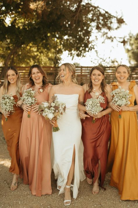 neutral satin bridesmaid dresses Mixed Bridesmaid Dresses, Dinner Party Vibes, Summer Weddings Bridesmaids, Mix Match Bridesmaids, Backyard Dinner, Backyard Dinner Party, Fall Bridesmaids, Summer Bridesmaid Dresses, Orange Bridesmaid Dresses