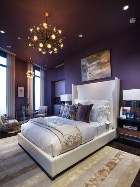 Taupe And Purple Bedroom, Purple Primary Bedroom, Master Bedrooms Decor Purple, Eggplant Bedroom Walls, Modern Purple Bedroom Ideas, Purple And Cream Bedroom, Plum Walls Bedroom, Purple And Beige Bedroom, Purple Adult Bedroom