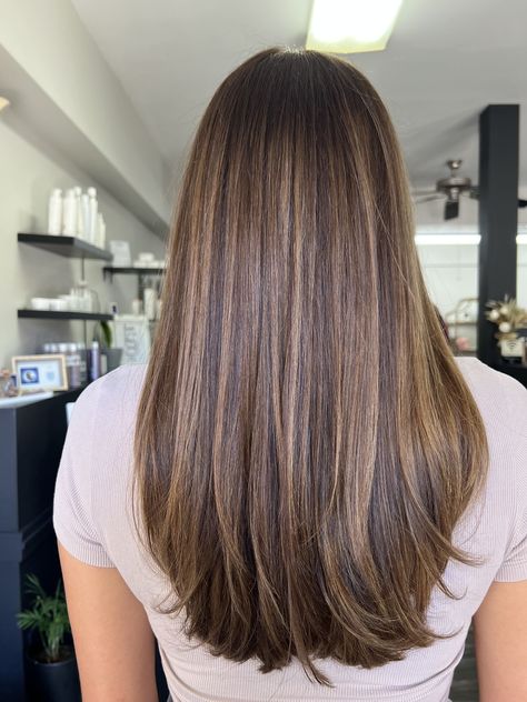 Trendy Balayage, Balayage Straight Hair, Brown Straight Hair, Dimensional Brunette, Brown Hair With Caramel Highlights, Wig Brown, Color Transition, Layered Hair With Bangs, European Hair