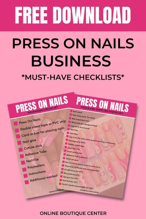 Press On Nails Business Supplies, Packaging Ideas For Press On Nails, Press On Nail Small Business, Acrylic Press On Nails How To Make, Press On Business Ideas, Pressons Nails Packaging, Press On Nail Price List, Pressons Nails Design, Packaging Checklist