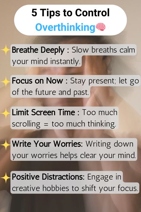 Tired of overthinking? Try these 5 easy tips to quiet your mind and live more peacefully.  Start small, feel the change! How To Control Overthinking, How To Stop Overthinking, Tired Of Overthinking, Dandruff Solutions, Quiet Your Mind, Limiting Screen Time, Caring Too Much, Mental Health Therapy, Frizz Free Hair