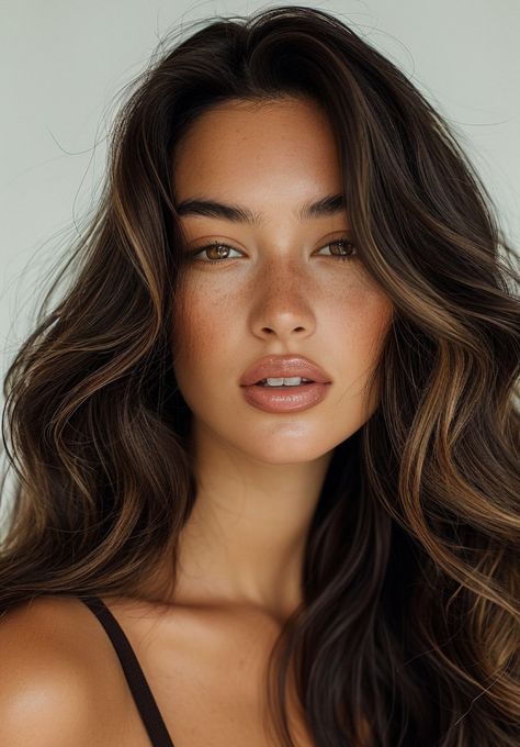 Highlights And Lowlights For Brunettes Straight Hair, Hair For Hazel Eyes And Olive Skin, Face Framing Highlights Dark Hair, Brunette Hair With Face Frame Highlights, Bronzed Brunette, Rich Brunette Hair, Rambut Brunette, Black Hair Balayage, Brown Hair Inspo