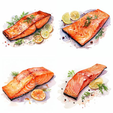 Watercolor painting, watercolor print, watercolor clipart, watercolor illustration, watercolor portrait, watercolor art Salmon Watercolor Painting, Fish Food Art, Food Illustrations Watercolor, Seafood Watercolor, Watercolor Art Food, Watercolor Salmon, Food Watercolor Illustration, Salmon Painting, Watercolor Food Art