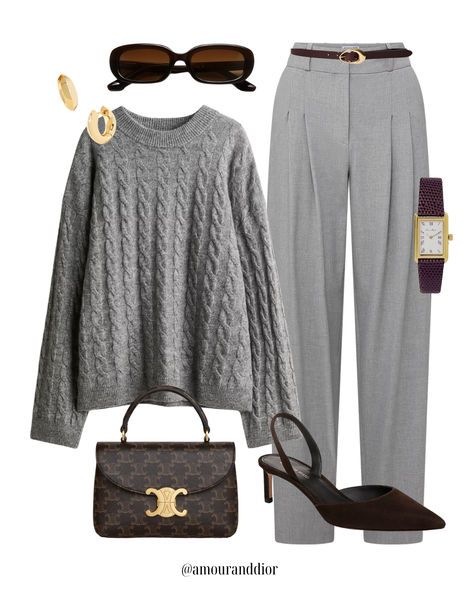 All gray outfit with a pop of chocolate brown 🩶🤎 Fall outfit, gray trousers, gray pants, brown suede kitten heels, Celine, Demellier, workwear, work attire, workwear, date night outfit Grey And Brown Outfits Women, Gray Brown Outfit, Grey Outfit Color Combos, Gray Pants Outfits Women, Gray And Brown Outfit, Grey On Grey Outfit, Gray Monochromatic Outfit, All Gray Outfit, Grey Pants Outfit