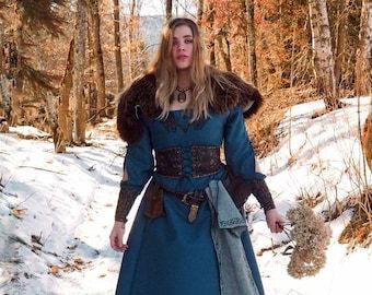 Viking Wedding Dress, Reluctant Dragon, Chest Decor, Norse Clothing, Celtic Dress, Pagan Clothing, Elven Dress, Viking Dress, Blue Cape