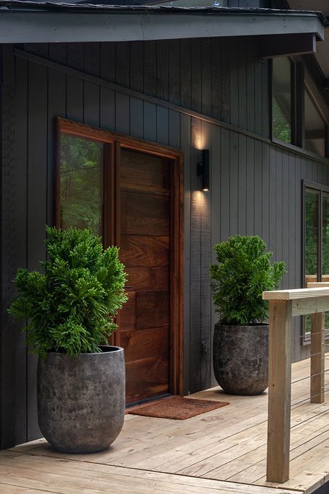 Matte Black Vertical Panel Siding + Dark wood door + transom windows | Lucy and Company Lodge Aesthetic, Kerb Appeal, Black Houses, Cabin Exterior, Desain Editorial, Home Exterior Makeover, Exterior Makeover, Crested Butte, Planter Ideas