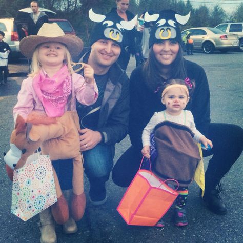 family rodeo costume- cowgirl, rodeo clown, bulls Family Rodeo Costumes, Rodeo Costume, Costume Cowgirl, Rodeo Clown, Cowgirl Rodeo, Family Costumes, Oct 31, Kids Costumes, Halloween Ideas