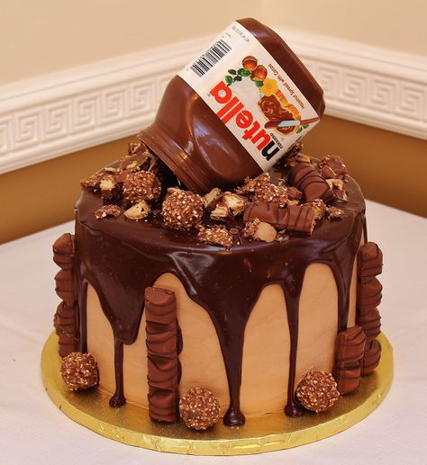 Nutella Birthday Cake , by Cecy Huezo .  www.delightfulcakesbycecy.com Nutella Themed Cake, Nutella Birthday Party Ideas, Nutella Drip Cake, Nutella Birthday Cake Ideas, Nutella Cake Design, 14th Birthday Cake Ideas, Nutella Birthday Cake, Nutella Recipes Cake, Cake Recipes Uk