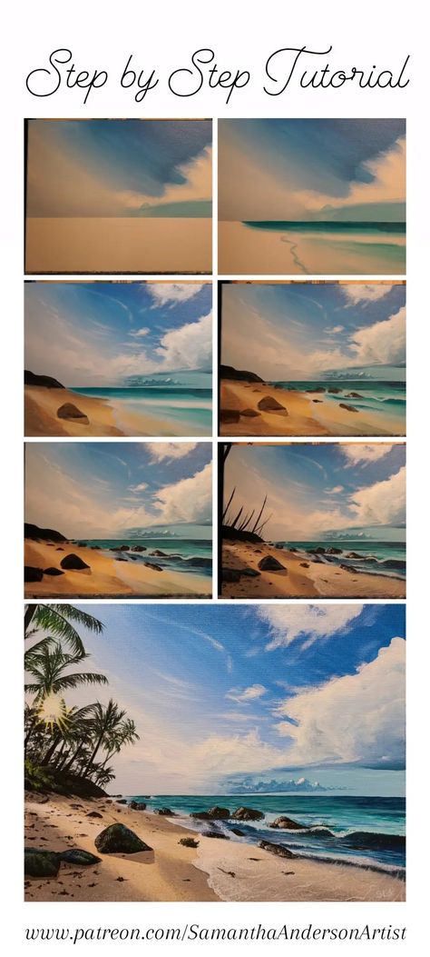 Beach painting Palm trees rocks waves ocean Draw Acrylic Paintings, Summer Landscape Painting Acrylics, How To Paint Scenery Step By Step, Acrylic Water Painting Tutorial, Paint Nite Step By Step, Paint Along Tutorials Acrylic, Acrylic Painting Process, How To Paint Sand, Canvas Painting Tutorials Step By Step